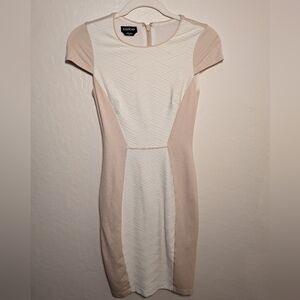 Beige and white BEBE bodycon midi dress half sleeves XS